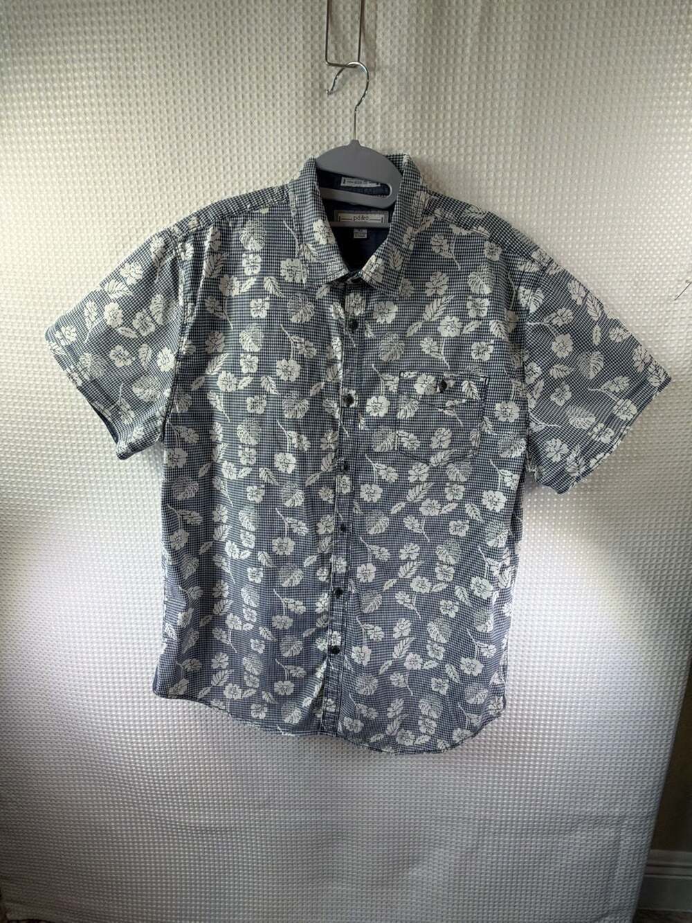 PD&C Shirt Men Large Button Up Stretch Blue Floral Pocket Short Sleeve Casual